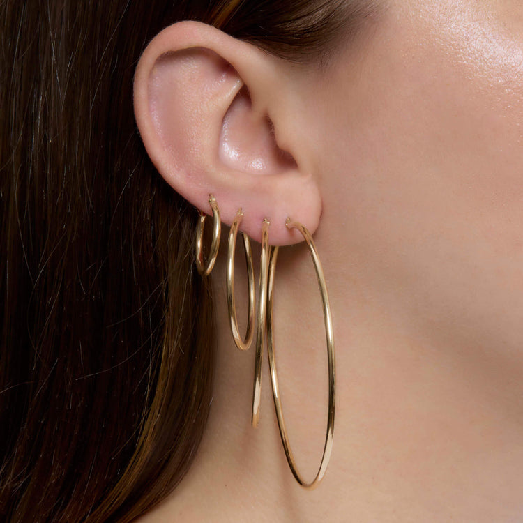 Image of 14K Yellow Gold Thin Gold Hoops with Stone and Strand Earrings