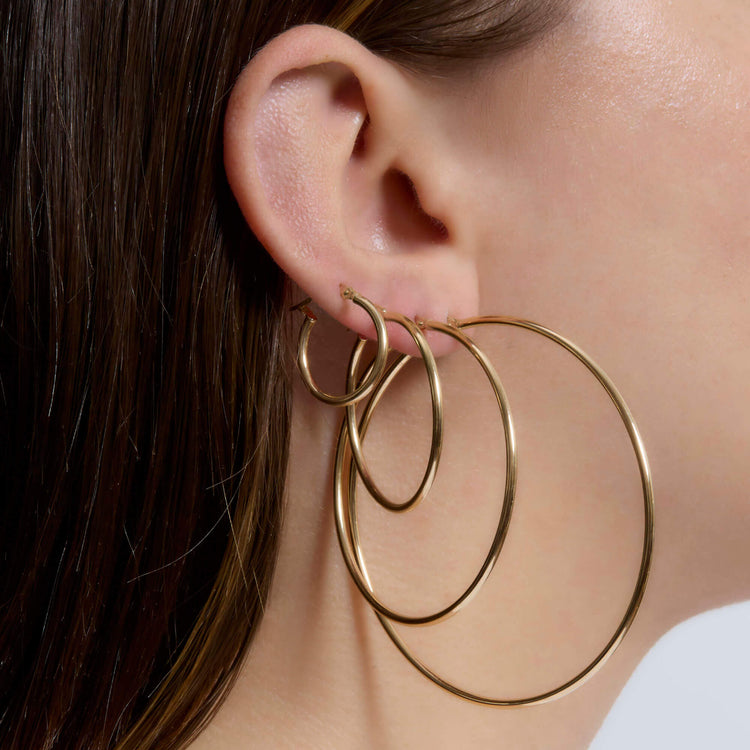 Image of 14K Yellow Gold Thin Gold Hoops with Stone and Strand Earrings
