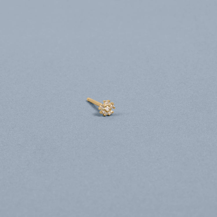 Stone and Strand 14K Yellow Gold Tiny Diamond Flower Stud Editorial Image