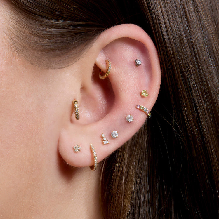 Image of 14K Yellow Gold Tiny Diamond Flower Stud with Stone and Strand Earrings