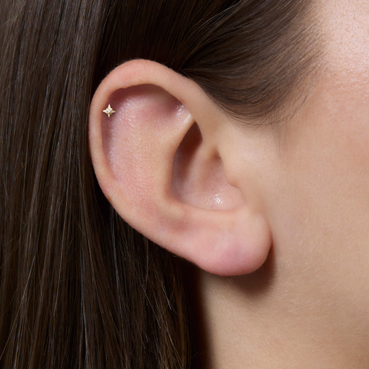 Image of 14K Yellow Gold Tiny Diamond Gold North Star Flat Back on Models Ear