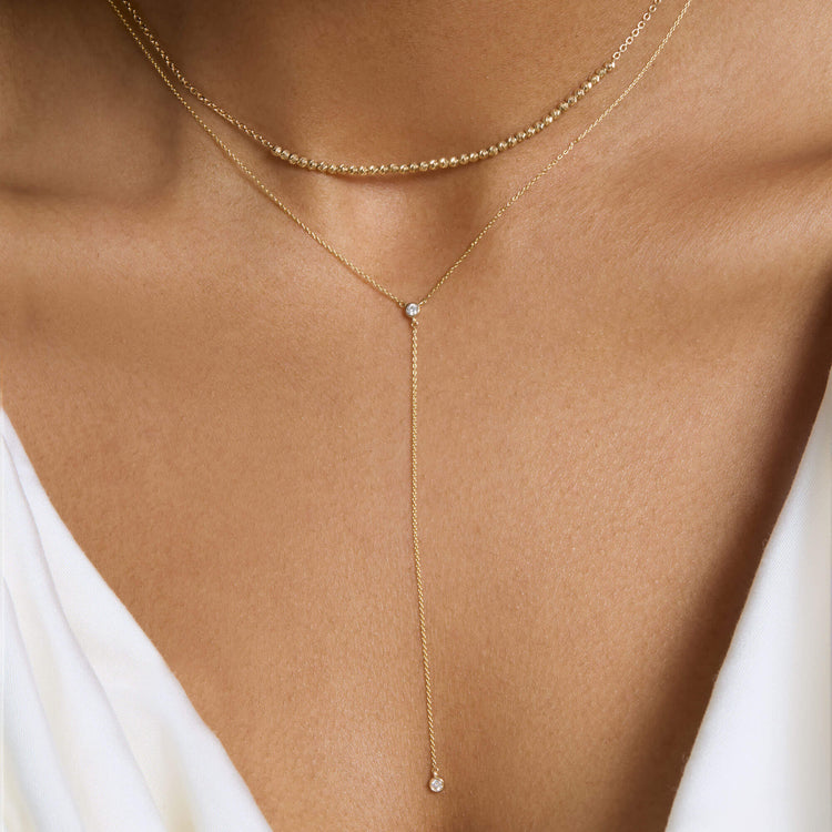 Image of 14K Yellow Gold Tiny Diamond Lariat Necklace with Stone and Strand Necklaces