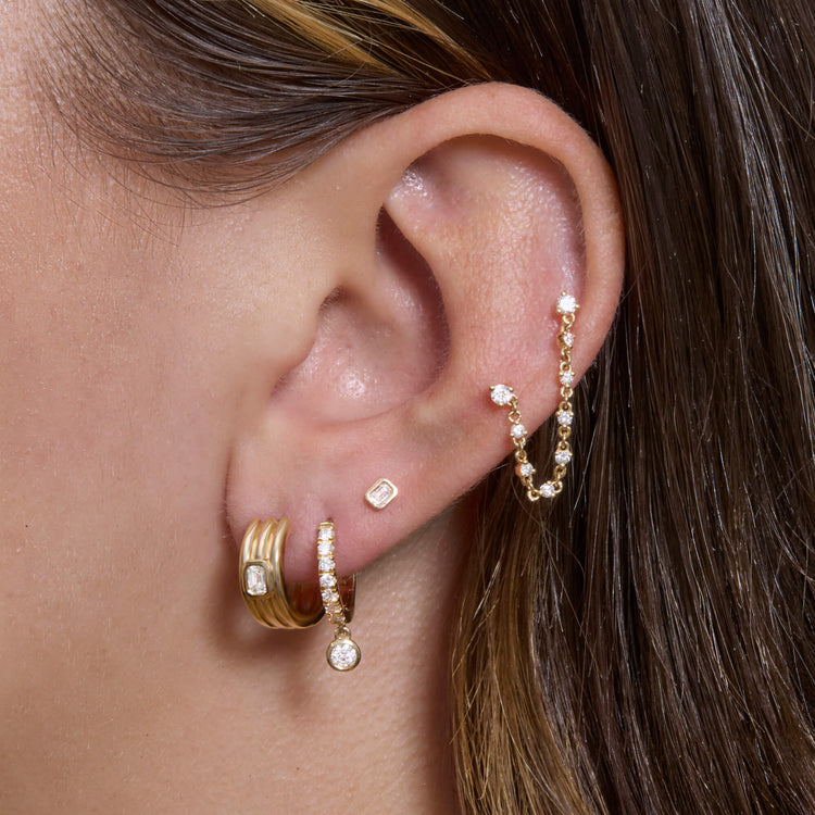 Image of 14K Yellow Gold Trio Ridge Diamond Huggies with Stone and Strand Earrings