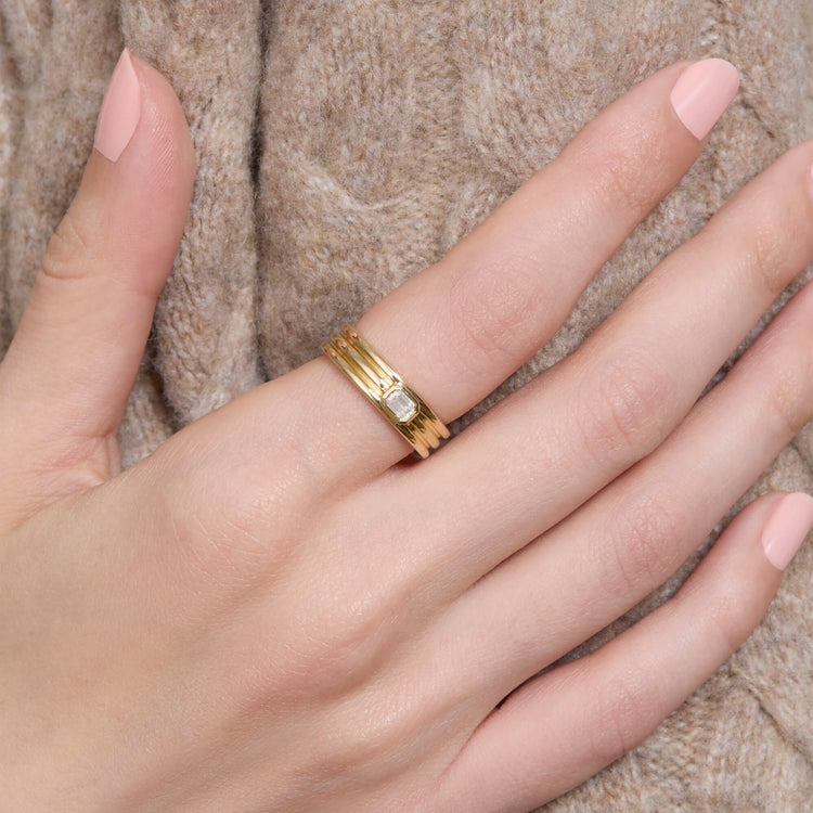 Image of 14K Yellow Gold Trio Ridge Diamond Ring on Models Hand