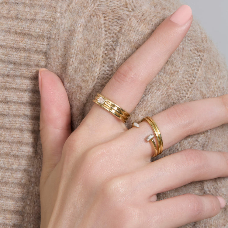 Image of 14K Yellow Gold Trio Ridge Diamond Ring with Stone and Strand Rings