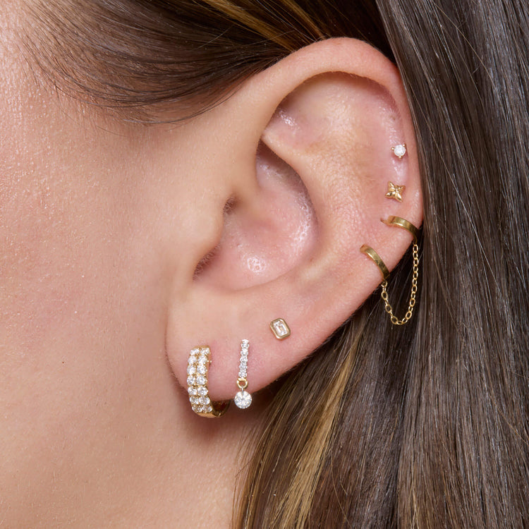 Image of 14K Yellow Gold Twinning Pave Diamond Huggies with Stone and Strand Earrings