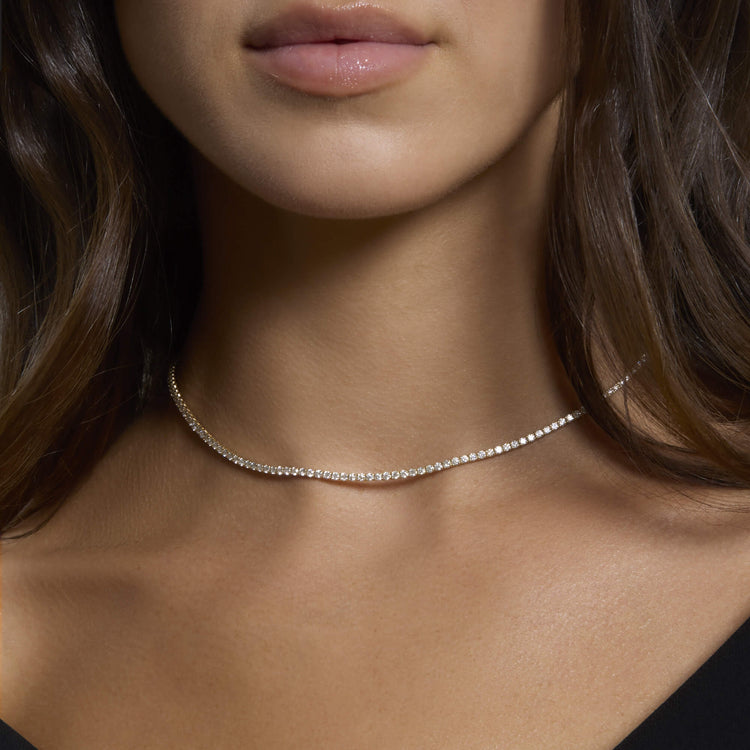 Image of 14K Yellow Gold Unflippable Diamond Tennis Choker on Models Neck