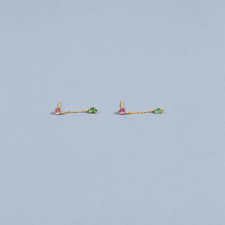 Stone and Strand 10K Yellow Gold Watermelon Pink Sapphire and Emerald Drop Earrings Editorial Image