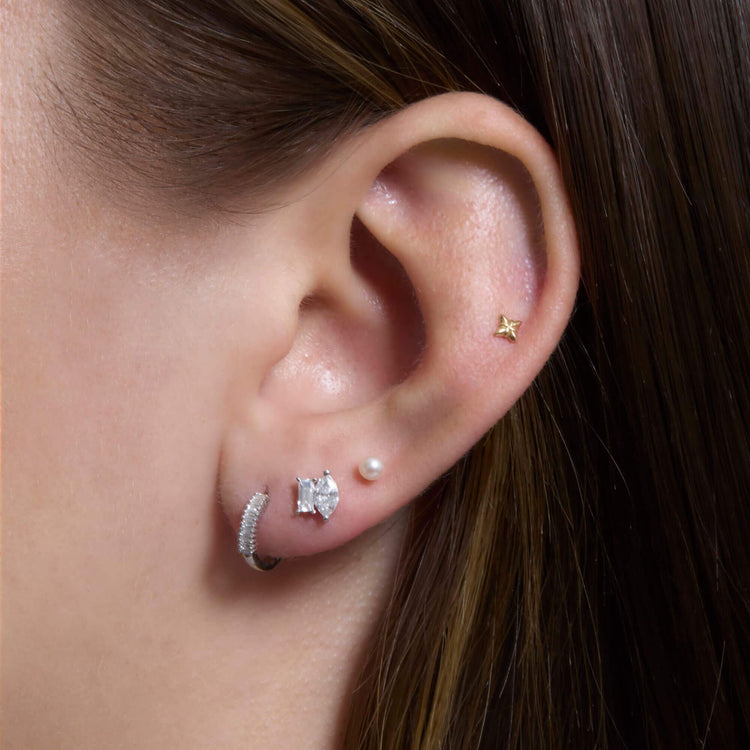 Image of 10K White Gold Dainty Up And Down Baguette Diamond Huggies with Stone and Strand Earrings