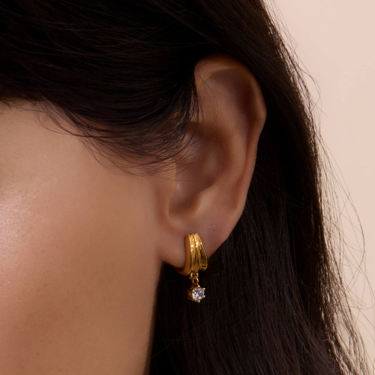Image of 14K Yellow Gold Whitney Diamond Drop Earrings on Models Ear