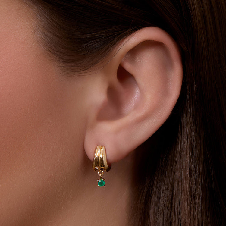 Image of 14K Yellow Gold Whitney Drop Emerald Earrings on Models Ear