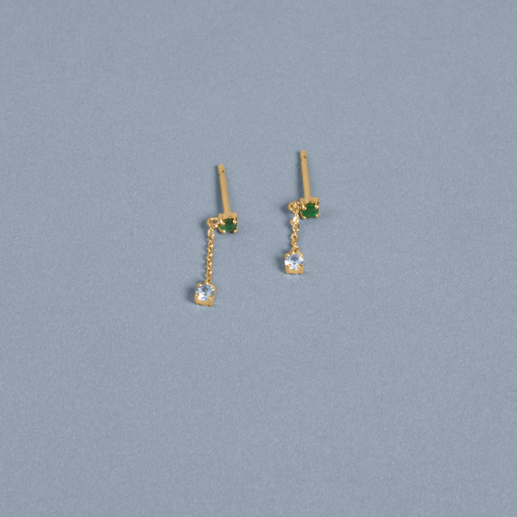 Stone and Strand 10K Yellow Gold Wild Blueberry Emerald and Blue Sapphire Drop Earrings Editorial Image