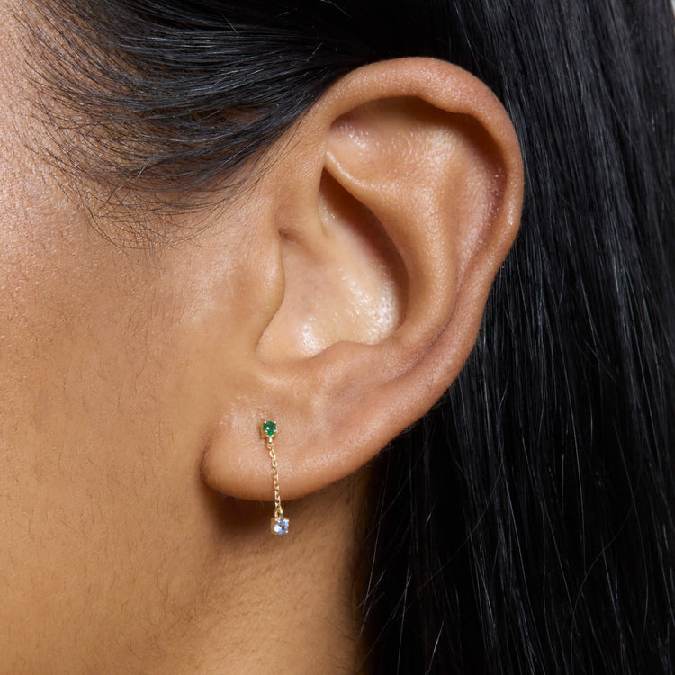Image of 10K Yellow Gold Wild Blueberry Drop Earrings with Emerald and Blue Sapphire on Models Ear