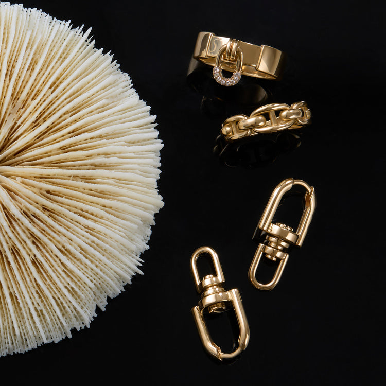 Still life image of Windlass Gold Earrings with Stone and Strand solid gold jewelry