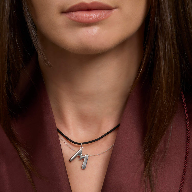 Image of Sterling SIlver XL Silver Blob Initial Necklace with Stone and Strand Necklaces