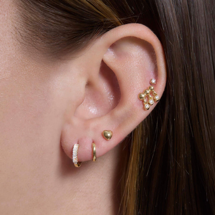 Image of 10K Yellow Gold Dainty Up And Down Baguette Diamond Huggies with Stone and Strand Earrings