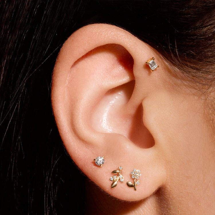 Image of 14K Yellow Gold Blooming Diamond Flower Studs with Stone and Strand Earrings