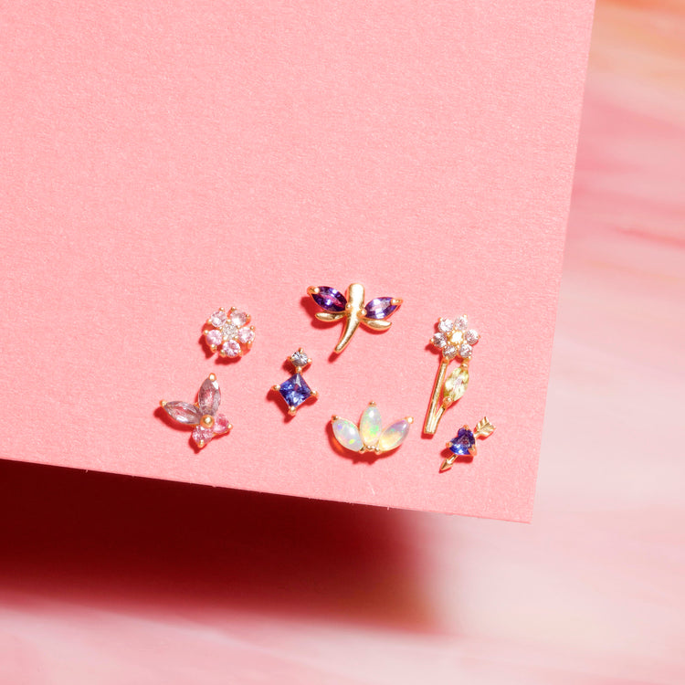 Still life image of Blue Sapphire Valentine Studs with Stone and Strand solid gold jewelry