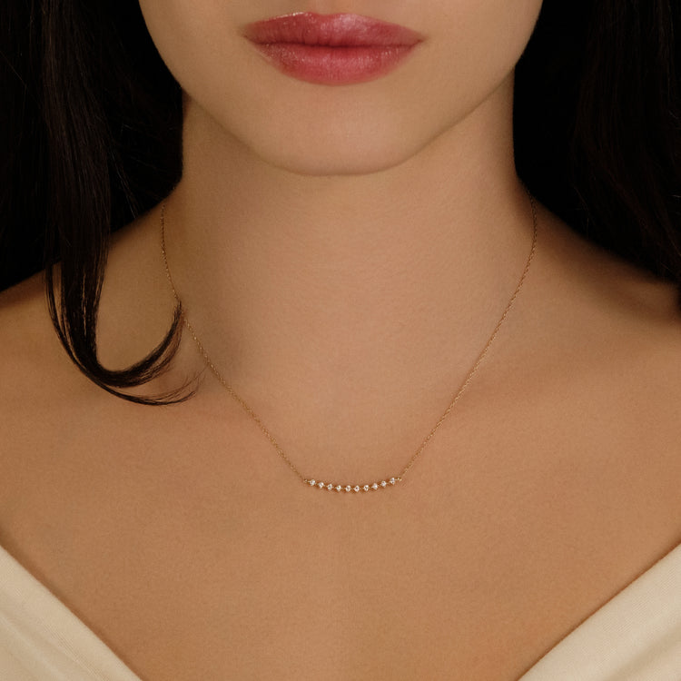 Image of 14K Yellow Gold Bright Lights Diamond Necklace on Models Neck