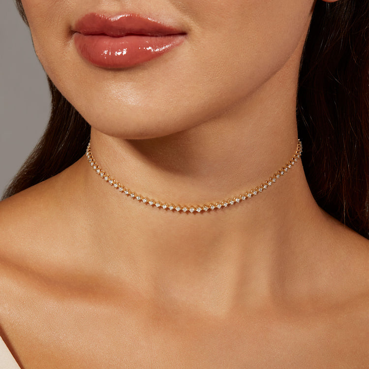 Image of 14K Yellow Gold Bright Lights Tennis Choker on Models Neck