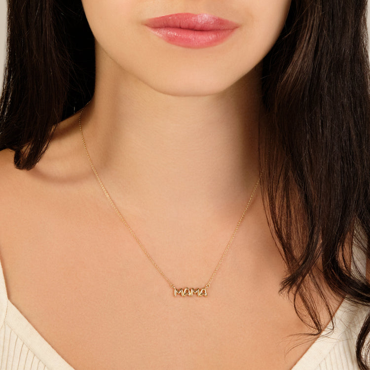 Image of 10K Yellow Gold Bubble Tea Mama Necklace on Models Neck