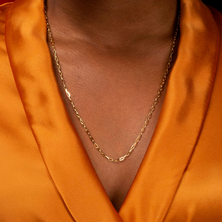 Image of 10K Yellow Gold Dainty Paperclip Necklace on Models Neck