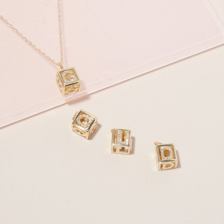 Still life image of Diamond Baby Block Necklace with Stone and Strand solid gold jewelry