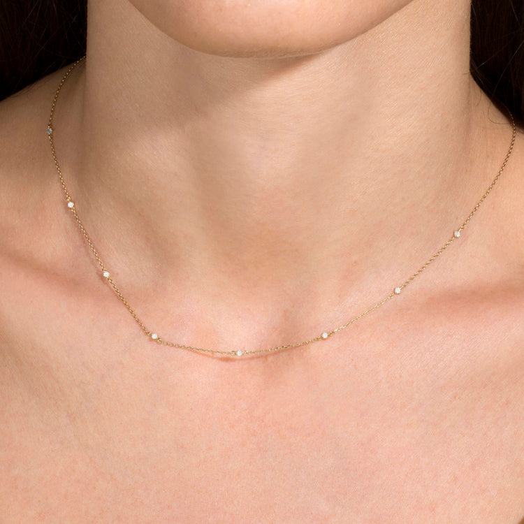 Image of 10K Yellow Gold Teeny Diamond Drizzle Necklace on Models Neck
