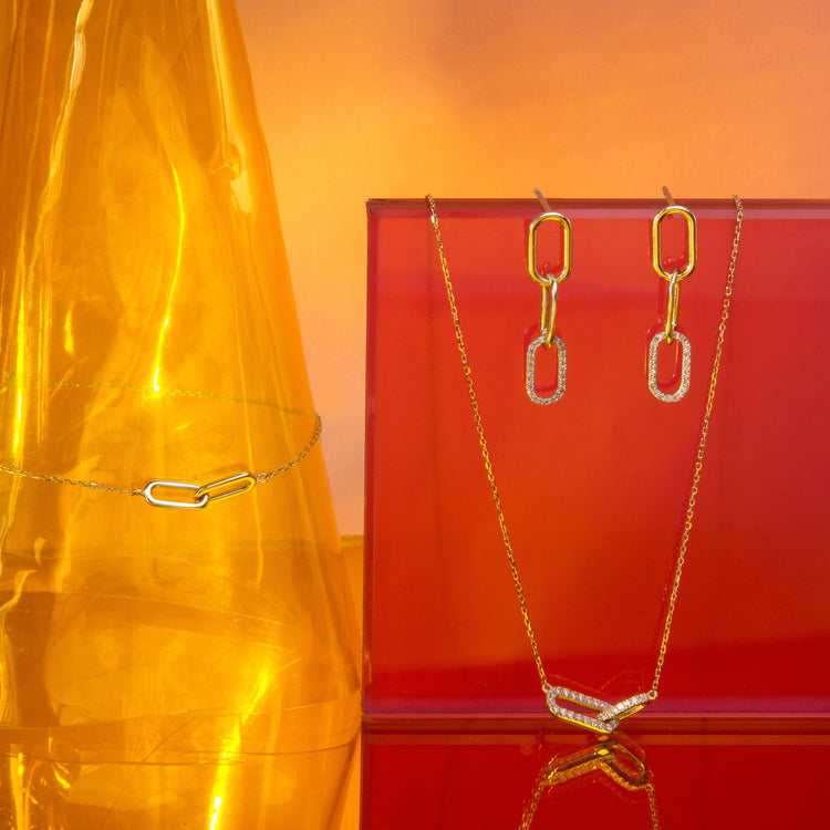 Still life image of Small Diamond Linked Up Earrings with Stone and Strand solid gold jewelry