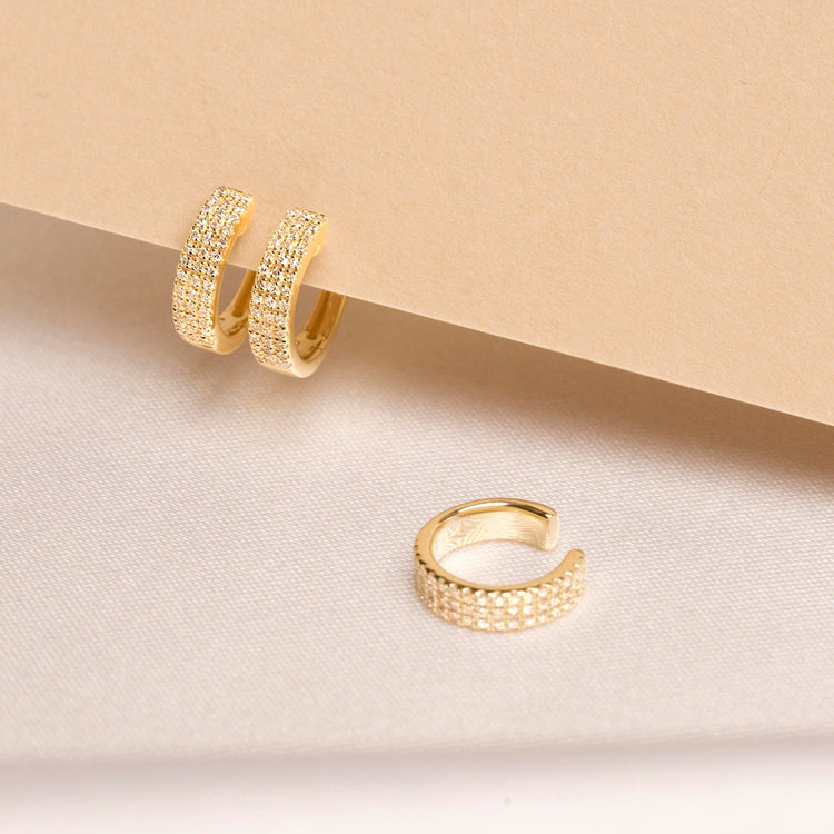 Stone and Strand 10K Yellow Gold Large Diamonds On Diamonds Huggie Earrings Editorial Image