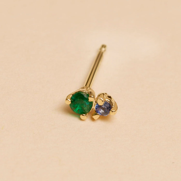 Stone and Strand 10K Yellow Gold Emerald and Blue Sapphire Buddy Stud Editorial Image