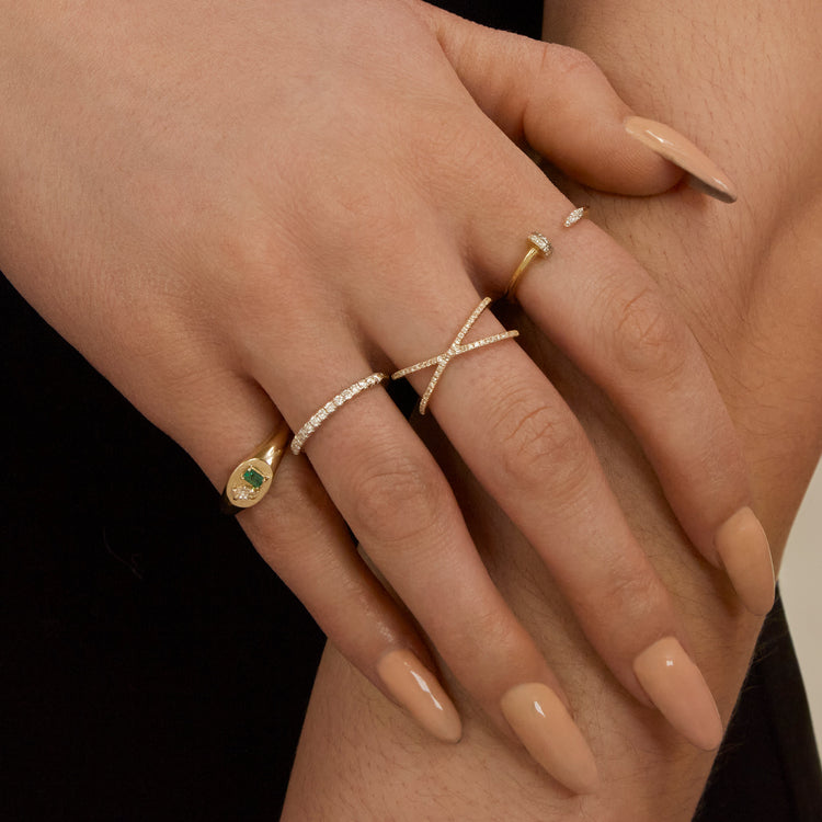 Image of 10K Yellow Gold Emerald Luxe Pinky Signet Diamond Ring with Stone and Strand Rings