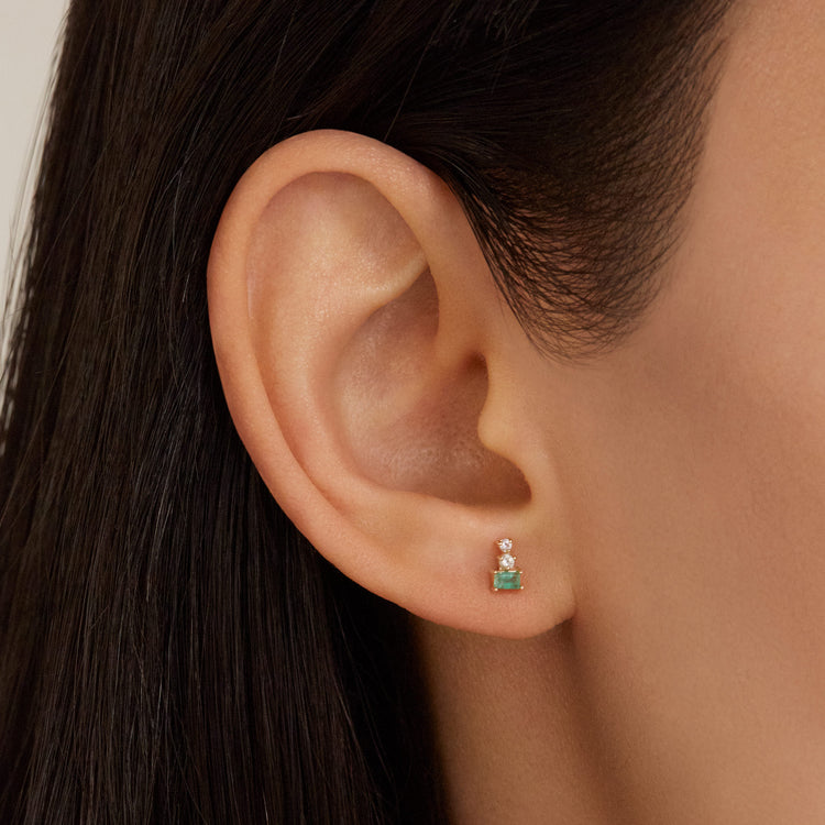 Image of 10K Yellow Gold Emerald Triple Stacked Stud with White Sapphire on Models Ear