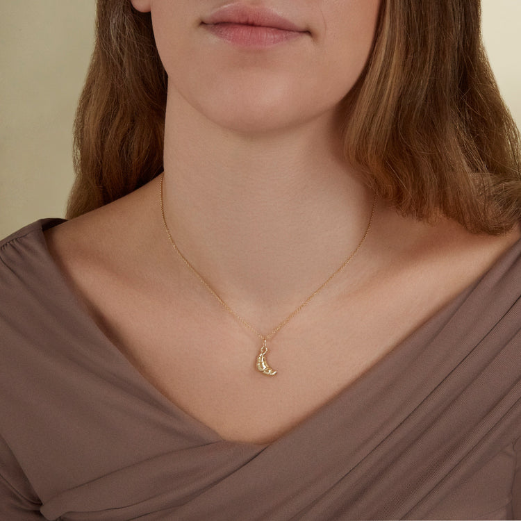 Image of 10K Yellow Gold Fairy Box Croissant Charm on Models Neck