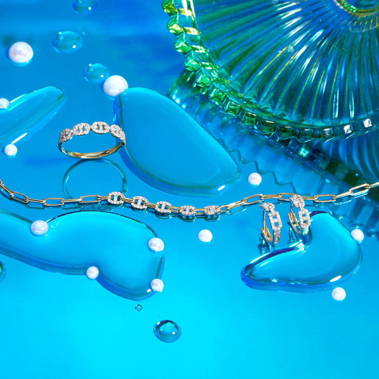 Still life image of Fine Diamond Maritime Huggies with Stone and Strand solid gold jewelry