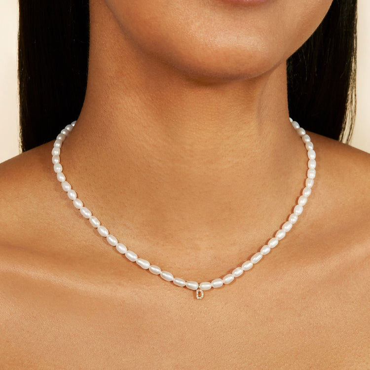 Freeform Pearl Diamond Initial Necklace