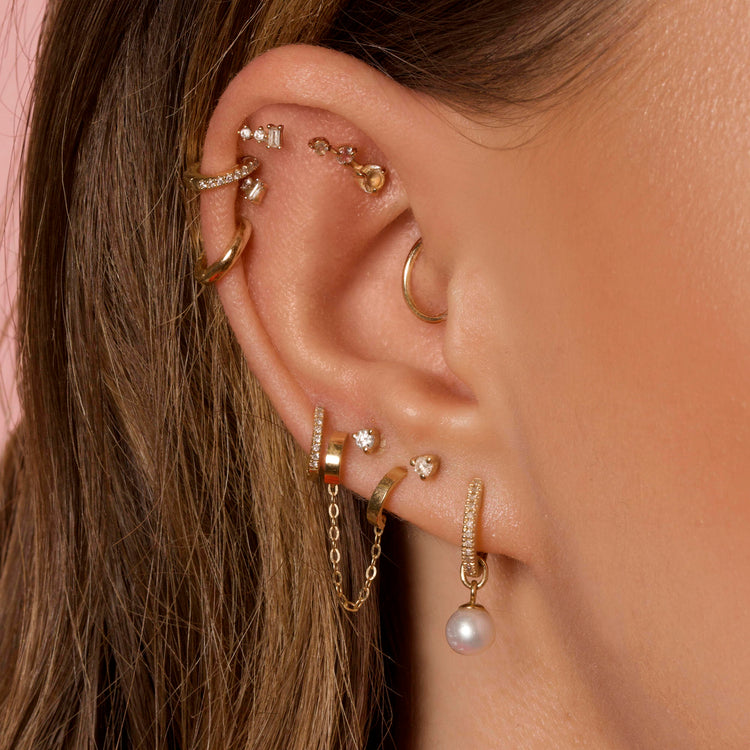 Image of 10K Yellow Gold Freshwater Droplet Pearl Pave Diamond Huggies with Stone and Strand Earrings