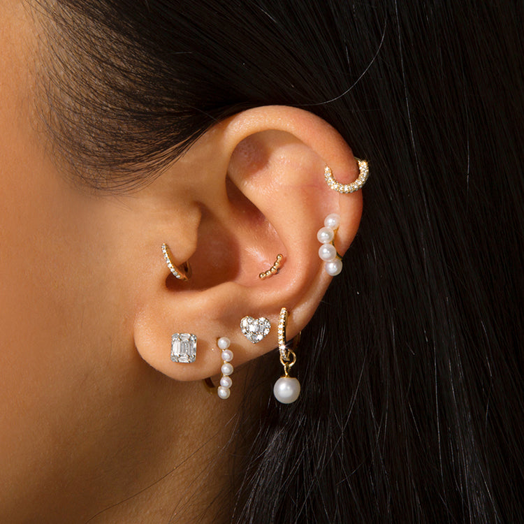 Image of 10K Yellow Gold Freshwater Droplet Pearl Pave Diamond Huggies with Stone and Strand Earrings
