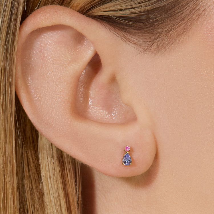Image of 10K Yellow Gold Geranium Buddy Studs with Pink Sapphire and Tanzanite on Models Ear