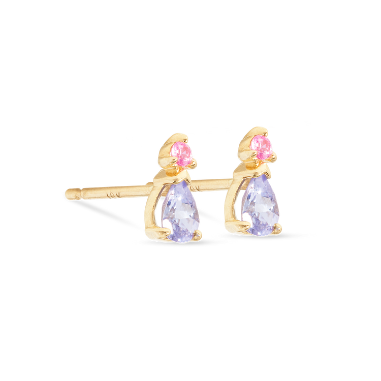 Stone and Strand 10K Yellow Gold Geranium Buddy Studs with Pink Sapphire and Tanzanite Side Image