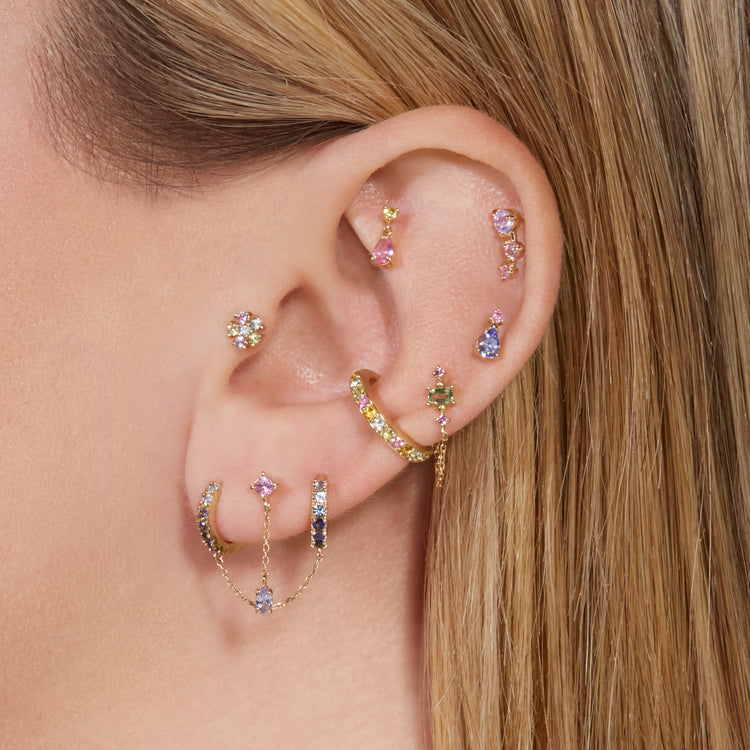 Image of 10K Yellow Gold Geranium Buddy Studs with Pink Sapphire and Tanzanite with Stone and Strand Earrings