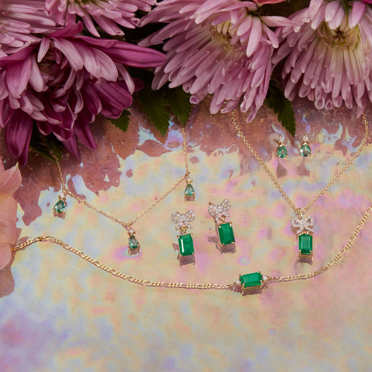Still life image of Green Goddess Drop Earrings with Stone and Strand solid gold jewelry