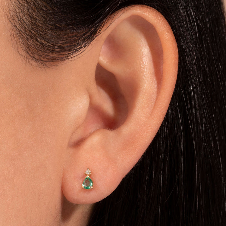 Image of 10K Yellow Gold Green Goddess Studs with Emerald on Models Ear