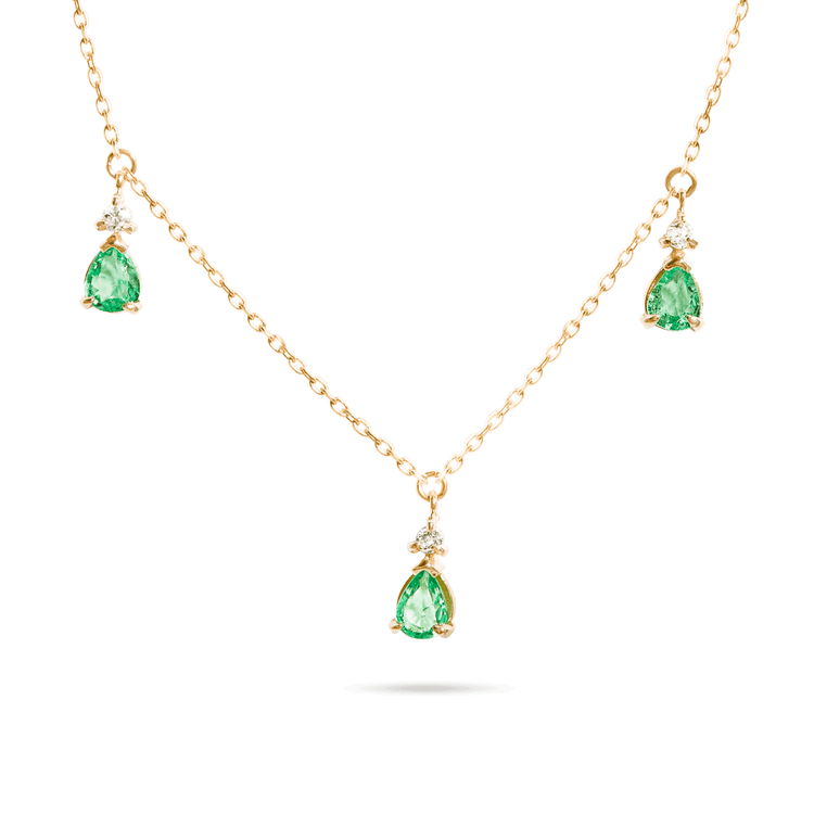 Stone and Strand 10K Yellow Gold Green Goddess Trio Emerald Necklace Close Up Image
