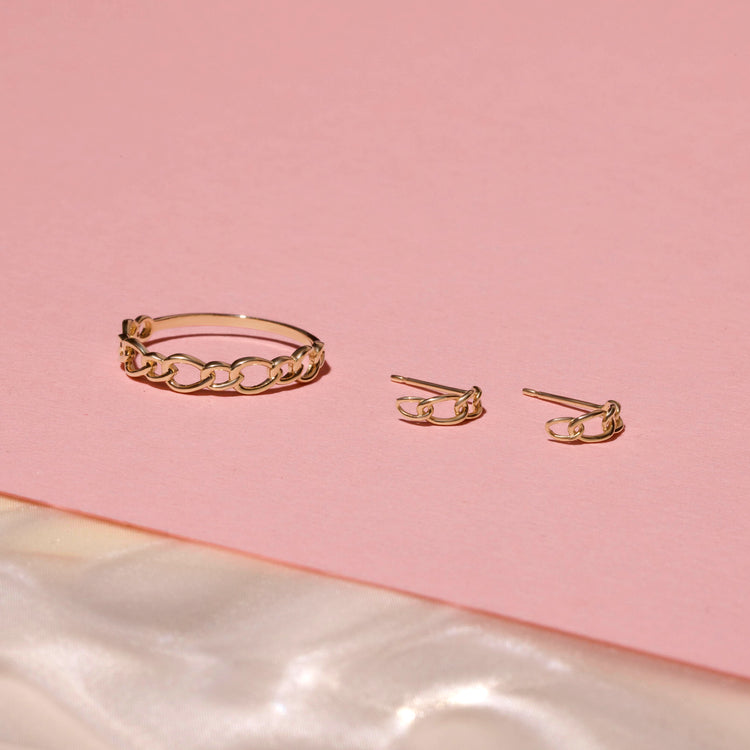 Still life image of Half Chain Huggies with Stone and Strand solid gold jewelry