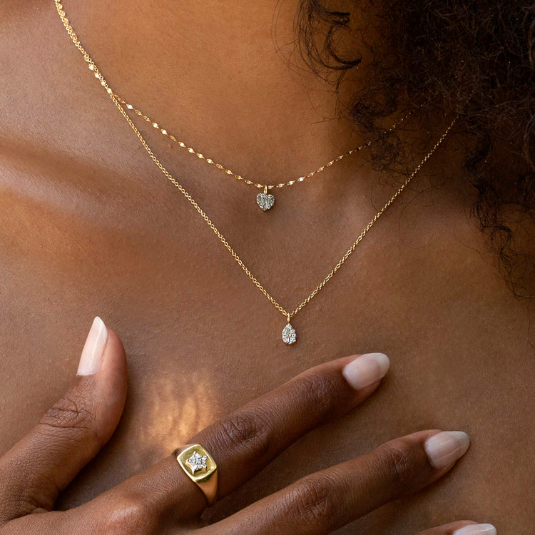 Model wearing Small Heart of the Matter Diamond Choker Necklace with solid gold Stone and Strand jewelry