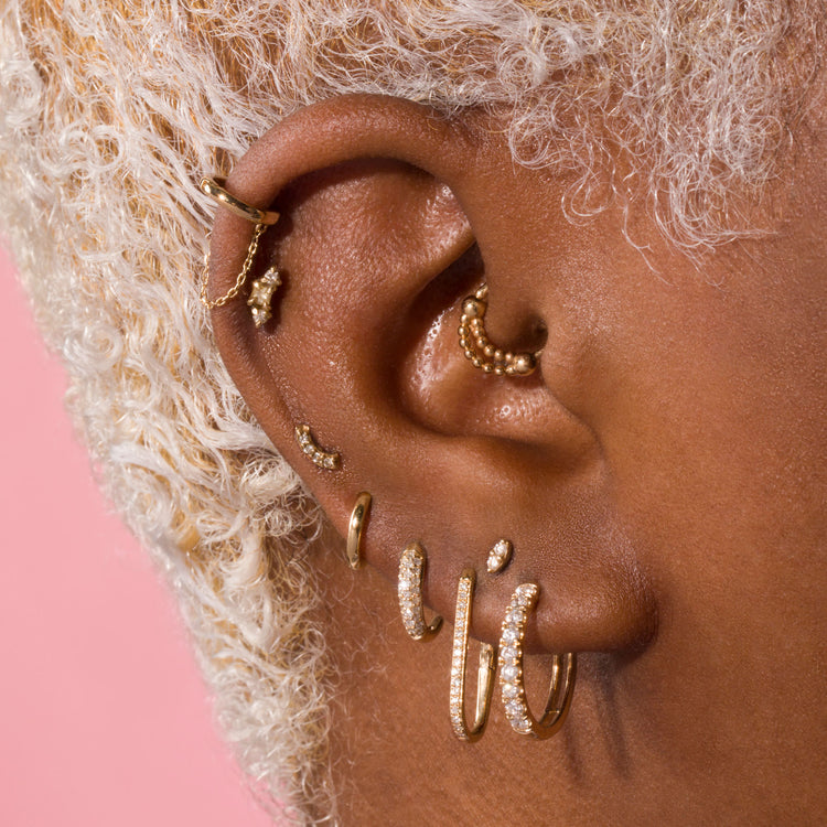 Image of 14K Yellow Gold Large Diamond Pave Huggie Earrings with Stone and Strand Earrings