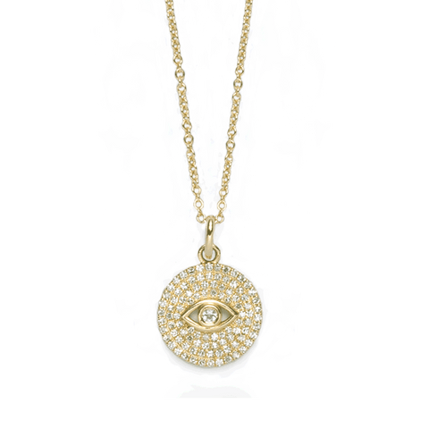 Stone and Strand 10K Yellow Gold Large Pave Evil Eye Diamond and Aquamarine Necklace Close Up Image