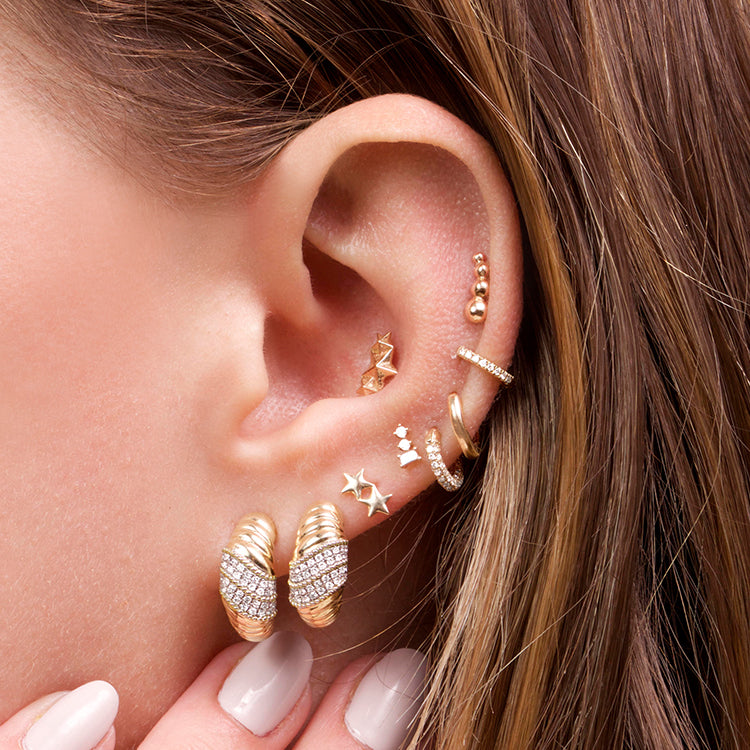 Image of 10K Yellow Gold Le Grande Cupola Diamond Huggies with Stone and Strand Earrings