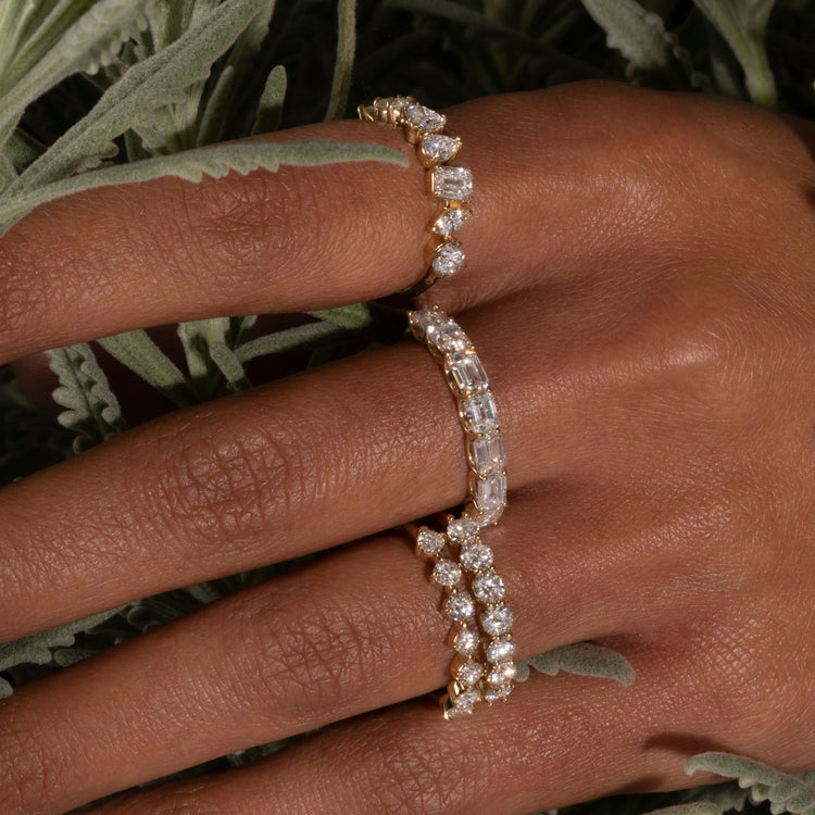 Model wearing Lucky Seven Lab-Created Diamond Band with solid gold Stone and Strand jewelry